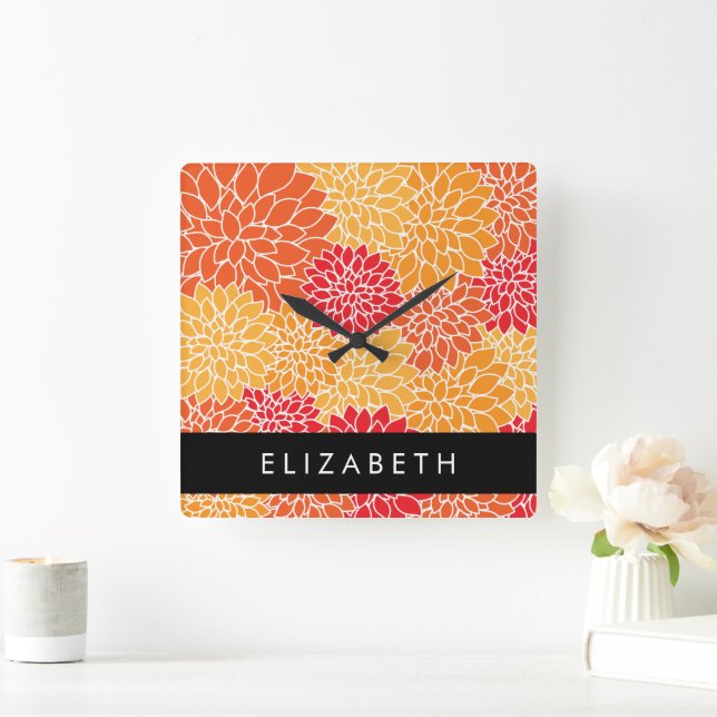 Pattern Of Flowers, Orange Dahlia, Your Name Square Wall Clock (Home)