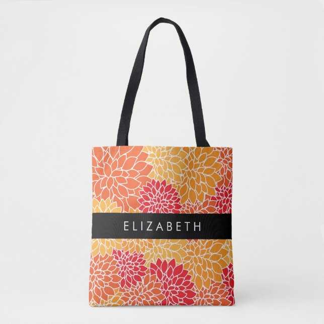 Pattern Of Flowers, Orange Dahlia, Your Name Tote Bag (Front)