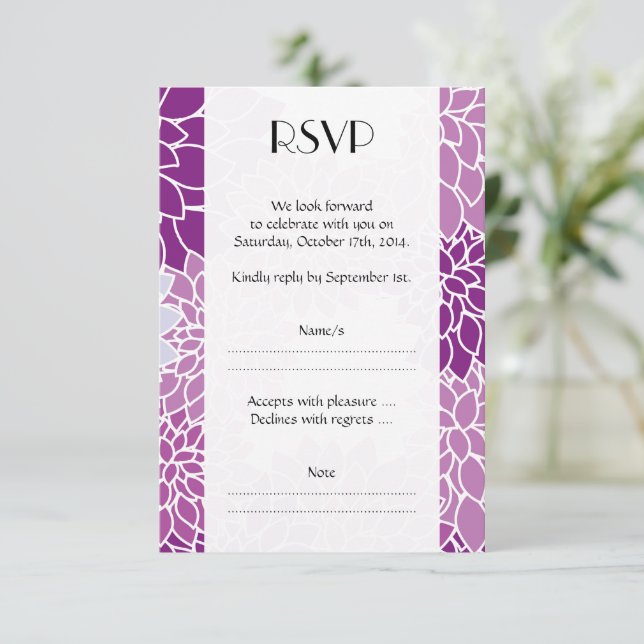 Pattern Of Flowers, Purple Dahlia, Wedding RSVP Card (Standing Front)
