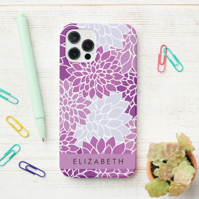 Pattern Of Flowers, Purple Dahlia, Your Name iPhone Case (On Desk)