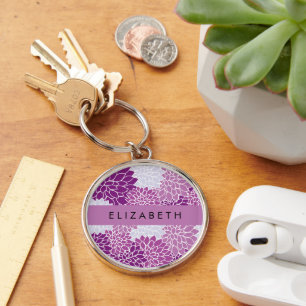Pattern Of Flowers, Purple Dahlia, Your Name Key Ring