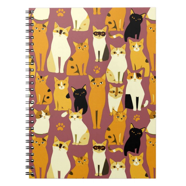 Pattern of Ginger, Black and White Cats Notebook (Front)
