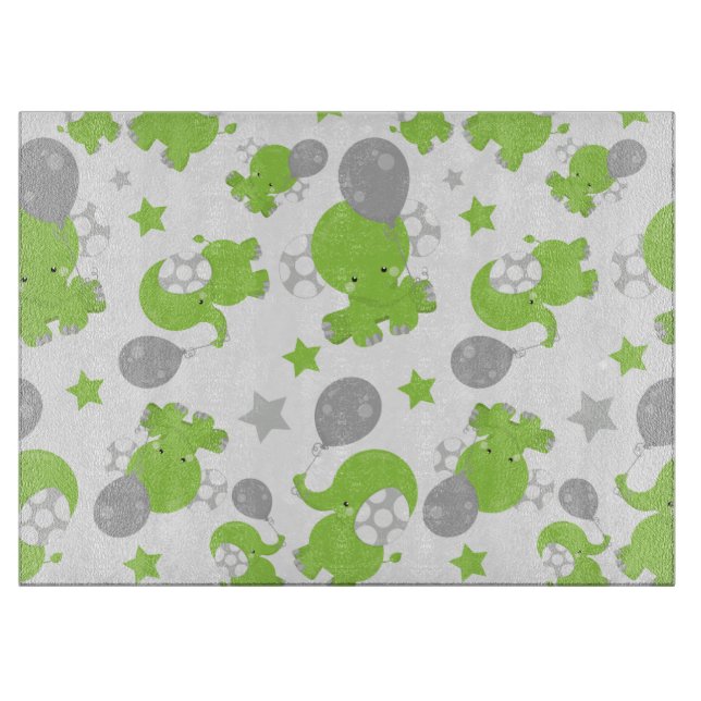 Pattern Of Green Elephants, Cute Elephants, Stars Cutting Board (Front)