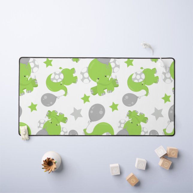 Pattern Of Green Elephants, Cute Elephants, Stars Desk Mat (Kids Table)