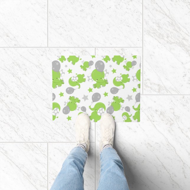 Pattern Of Green Elephants, Cute Elephants, Stars Doormat (Indoor)
