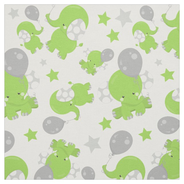 Pattern Of Green Elephants, Cute Elephants, Stars Fabric (Swatch)