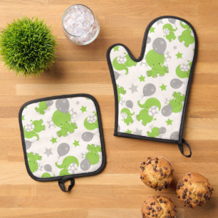Pattern Of Green Elephants, Cute Elephants, Stars Oven Mitt & Pot Holder Set