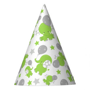 Pattern Of Green Elephants, Cute Elephants, Stars Party Hat
