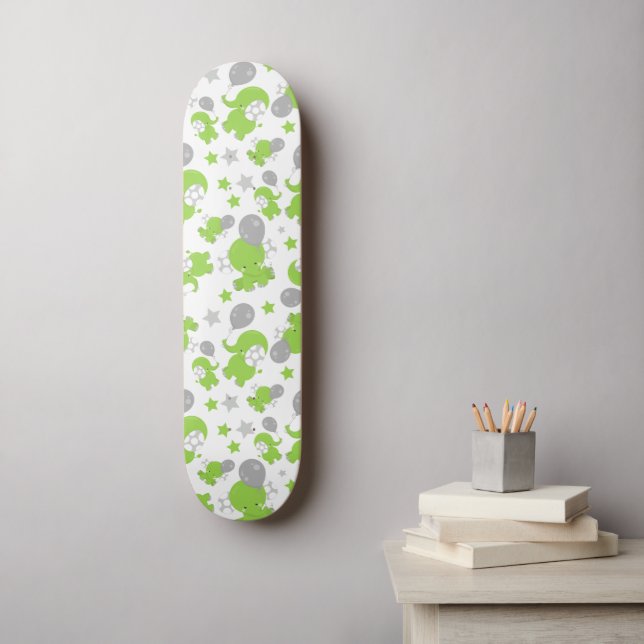 Pattern Of Green Elephants, Cute Elephants, Stars Skateboard (Wall Art)