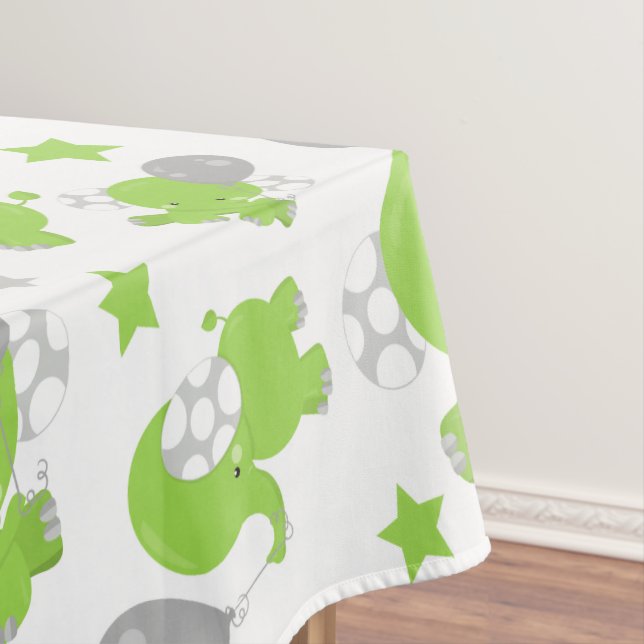 Pattern Of Green Elephants, Cute Elephants, Stars Tablecloth (In Situ)