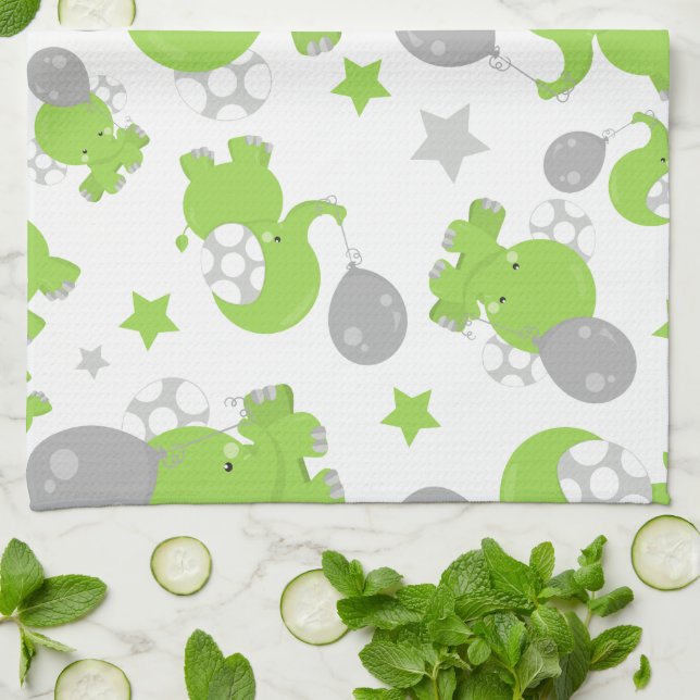 Pattern Of Green Elephants, Cute Elephants, Stars Tea Towel (Folded)