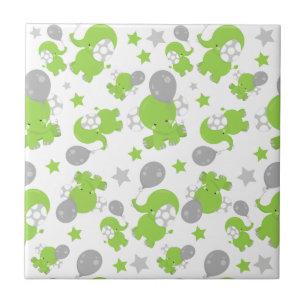 Pattern Of Green Elephants, Cute Elephants, Stars Tile