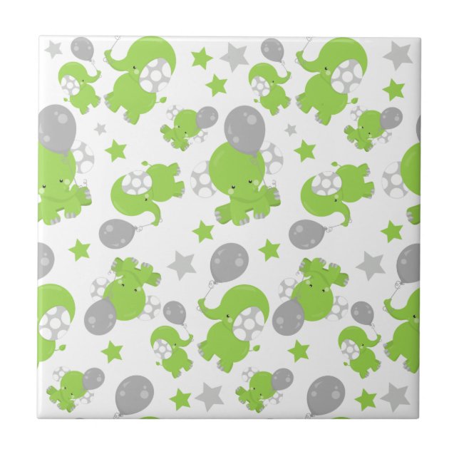 Pattern Of Green Elephants, Cute Elephants, Stars Tile (Front)