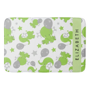 Pattern Of Green Elephants, Stars, Your Name Bath Mat