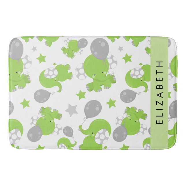 Pattern Of Green Elephants, Stars, Your Name Bath Mat (Front)