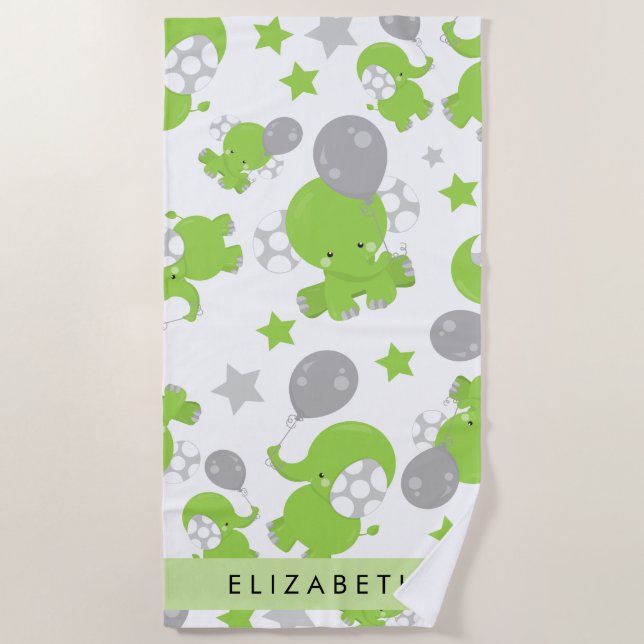 Pattern Of Green Elephants, Stars, Your Name Beach Towel (Front)