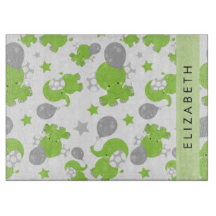 Pattern Of Green Elephants, Stars, Your Name Cutting Board