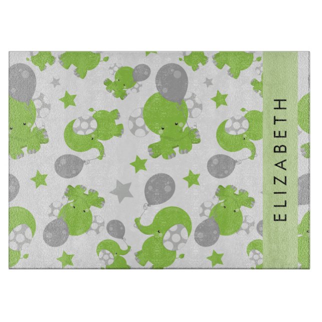 Pattern Of Green Elephants, Stars, Your Name Cutting Board (Front)