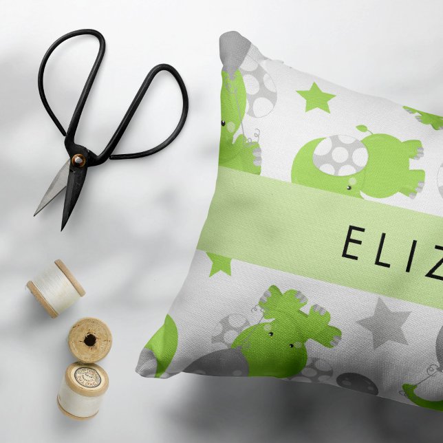 Pattern Of Green Elephants, Stars, Your Name Decorative Cushion (Creator Uploaded)