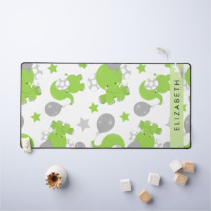 Pattern Of Green Elephants, Stars, Your Name Desk Mat