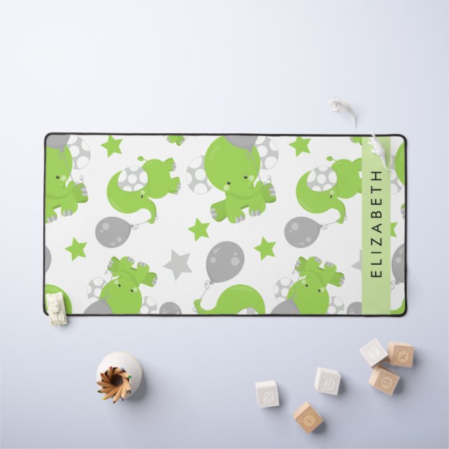 Pattern Of Green Elephants, Stars, Your Name Desk Mat (Kids Table)