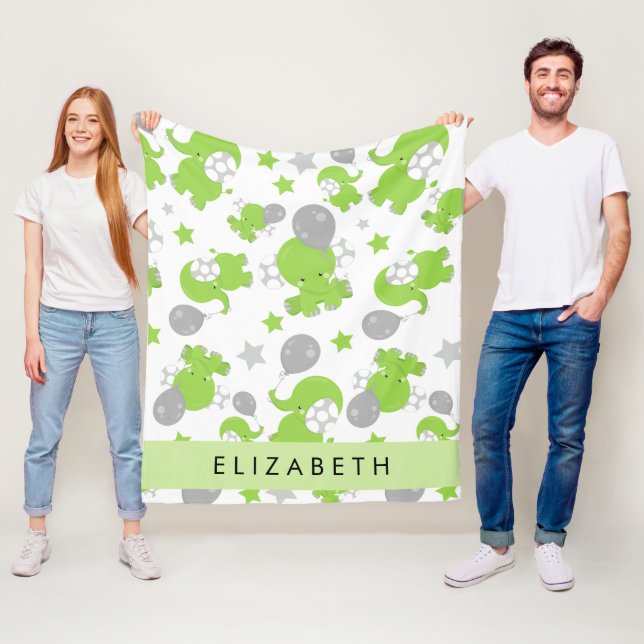 Pattern Of Green Elephants, Stars, Your Name Fleece Blanket (In Situ)