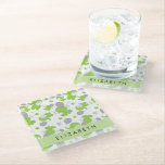 Pattern Of Green Elephants, Stars, Your Name Glass Coaster<br><div class="desc">Cute,  fun and adorable pattern with green elephants,  balloons and stars. Modern and trendy gift,  perfect for the elephant lover in your life. Personalise by adding your name,  nickname,  monogram or initials.</div>