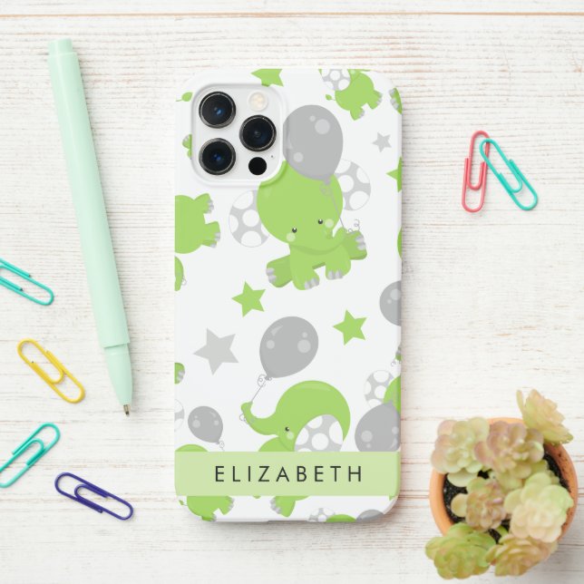 Pattern Of Green Elephants, Stars, Your Name iPhone Case (On Desk)