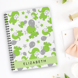 Pattern Of Green Elephants, Stars, Your Name Notebook