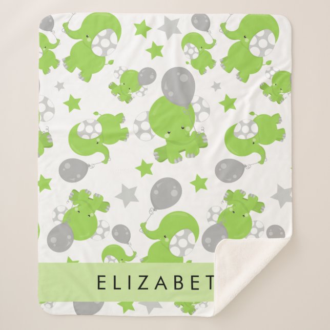 Pattern Of Green Elephants, Stars, Your Name Sherpa Blanket (Front)