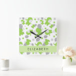 Pattern Of Green Elephants, Stars, Your Name Square Wall Clock<br><div class="desc">Cute,  fun and adorable pattern with green elephants,  balloons and stars. Modern and trendy gift,  perfect for the elephant lover in your life. Personalise by adding your name,  nickname,  monogram or initials.</div>