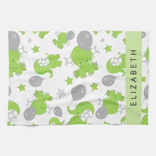 Pattern Of Green Elephants, Stars, Your Name Tea Towel