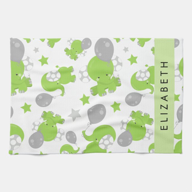 Pattern Of Green Elephants, Stars, Your Name Tea Towel (Horizontal)
