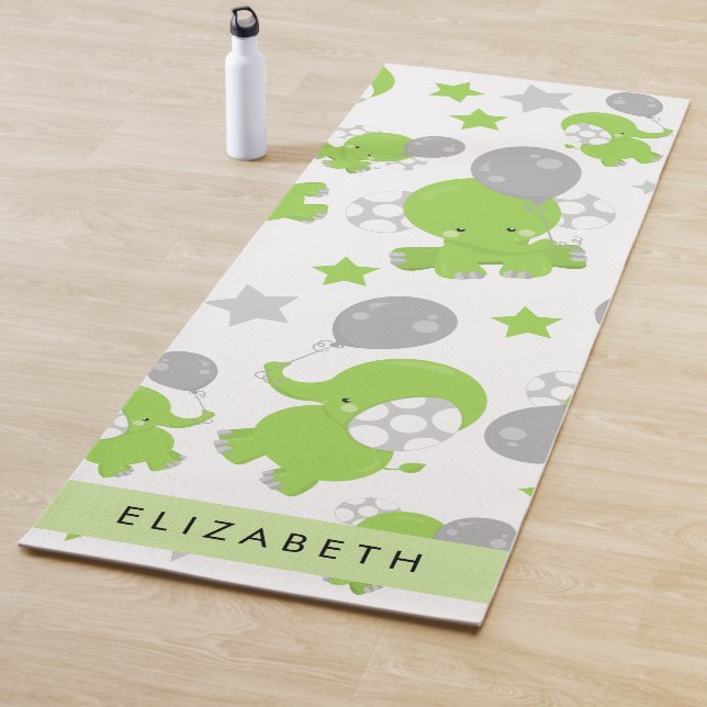 Pattern Of Green Elephants, Stars, Your Name Yoga Mat (In Situ)