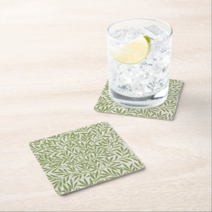 Pattern of green leafy branches  square paper coaster