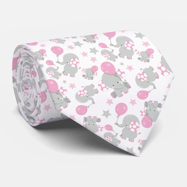 Pattern Of Grey Elephants, Pink Balloons, Stars Tie (Rolled)
