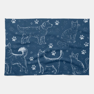 Pattern of Hand-Drawn Dogs, Cats, and Paw Prints Tea Towel