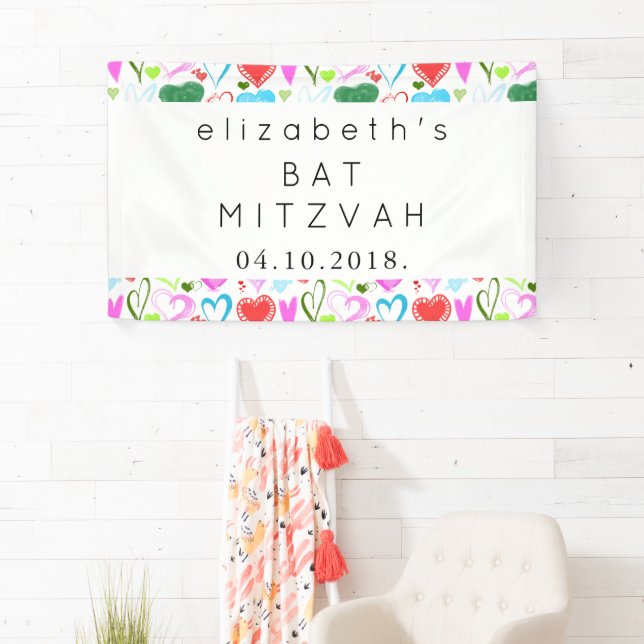 Pattern Of Hearts, Colourful Hearts, Bat Mitzah Banner (Insitu)