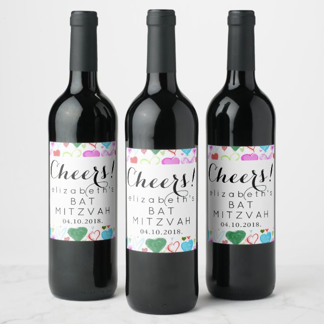 Pattern Of Hearts, Colourful Hearts, Bat Mitzah Wine Label (Bottles)
