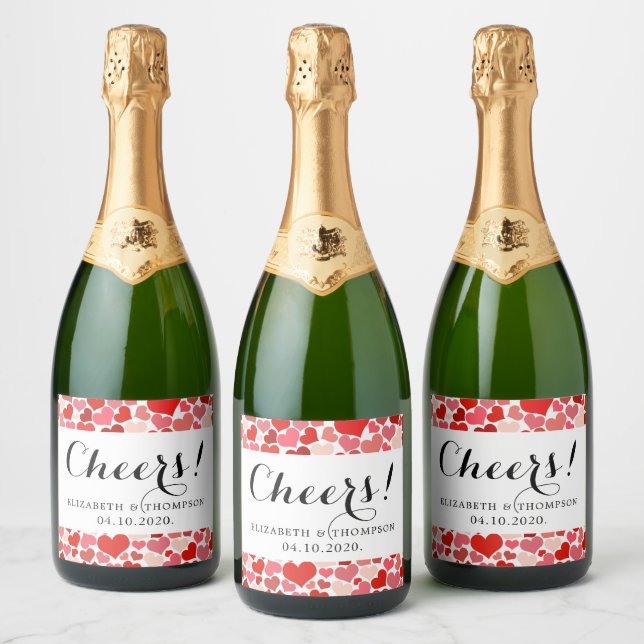 Pattern Of Hearts, Red Hearts, Love, Wedding Sparkling Wine Label (Bottles)