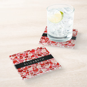 Pattern Of Hearts, Red Hearts, Love, Your Name Glass Coaster