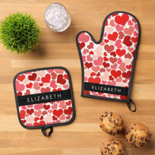 Pattern Of Hearts, Red Hearts, Love, Your Name Oven Mitt & Pot Holder Set