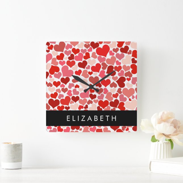 Pattern Of Hearts, Red Hearts, Love, Your Name Square Wall Clock (Home)