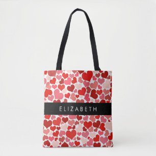Pattern Of Hearts, Red Hearts, Love, Your Name Tote Bag