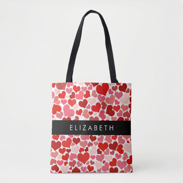 Pattern Of Hearts, Red Hearts, Love, Your Name Tote Bag (Front)