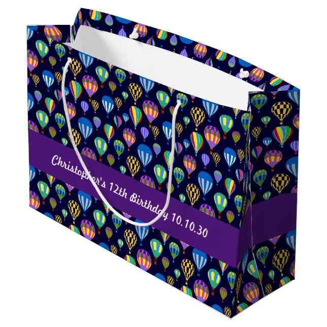 Pattern Of Hot Air Balloons. Navy Blue Background Large Gift Bag (Back Angled)