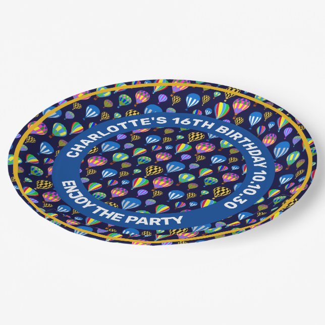 Pattern Of Hot Air Balloons. Navy Blue Background Paper Plate (Angled)