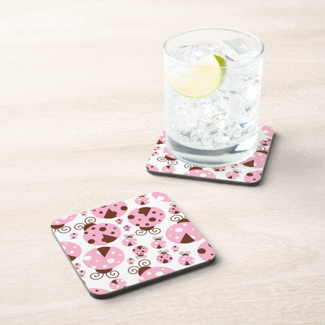 Pattern Of Ladybugs, Cute Ladybugs, Pink Ladybugs Coaster (Right Side)