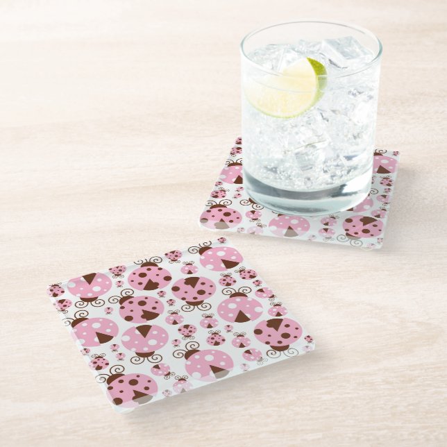 Pattern Of Ladybugs, Cute Ladybugs, Pink Ladybugs Glass Coaster (Angled)