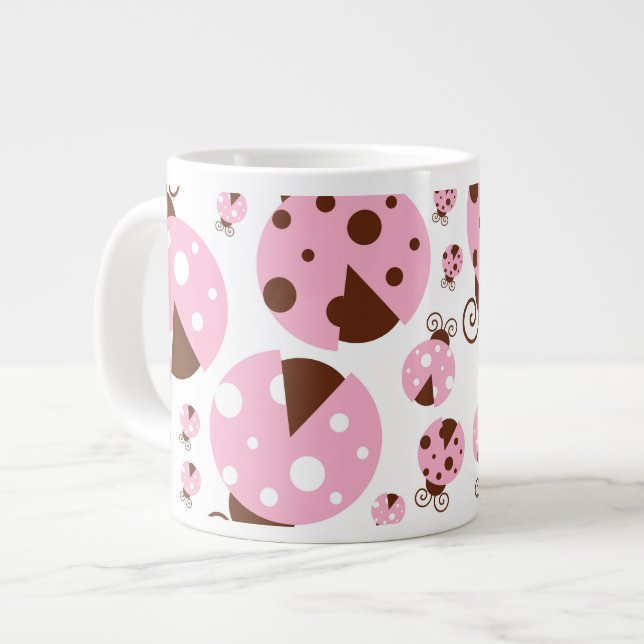 Pattern Of Ladybugs, Cute Ladybugs, Pink Ladybugs Large Coffee Mug (Front Left)